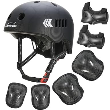 KAMUGO Kleinkind-Fahrradhelm-Set, Kinderhelm für Jungen und Mädchen im Alter von 1–8 Jahren, mit Schutzausrüstung, Knie-, Ellenbogen-, Handgelenkschoner für Roller, Skate, Fahrrad, Skateboard