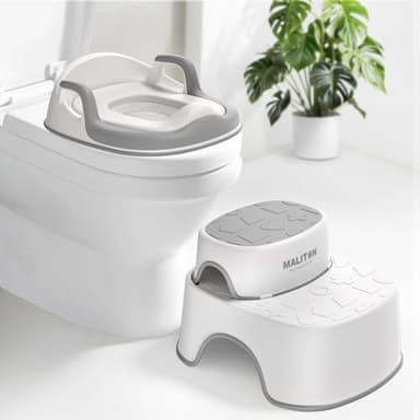 Maliton Toilettensitz Kinder mit 2-stufiger Tritthocker für Kinder 1-8 Jahren, Kindertoilettenkorb mit weichem Sitzring, Rutschfestes Design, Spritzschutz, Weiß-grau