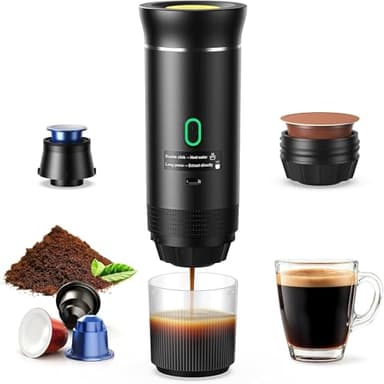 3 in 1 12V Akku Kaffeemaschine, Tragbare Kaffeemaschine, Auto Espressomaschine mit USB, Kompatibel mit kapsel und gemahlener Kaffee, 5 Minuten Schnelles Erhitzen, für camping und wohnmobil gadgets