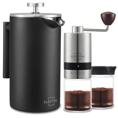 SILBERTHAL Kaffee Handmühle manuell mit konischem Edelstahlmahlwerk & French Press 1 Liter aus Stahl - zum Kaffee genießen im Spar-Set - 2 teilig