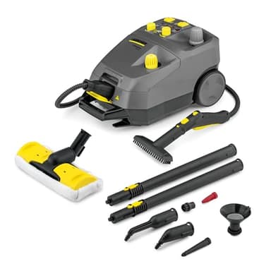 Kärcher Dampfreiniger SG 4/4, Dampfdruck: 4 bar, Tank: 2,4 l Kesselinhalt + 2,0 l Tank, Handdüse mit Bürste, 2 Dampfrohre, 2,0 m Dampfschlauch, 2 Bodendüsen, Frottee-Überzug, Aufsätze für Handdüse