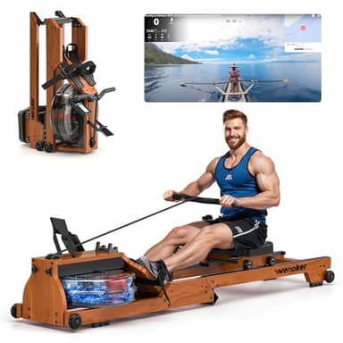 Wenoker Wasser Rudergerät aus FSC-Massiv-Eiche - 180° Klappbares Echtholz Fitnessgerät für Zuhause, 150kg Belastbarkeit, Bluetooth & Kinomap App Anbindung, 6 Widerstandsstufen, 98% Vormontiert