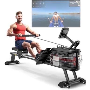 YAMO Rudergerät für Zuhause, 16L Wassertank Rudergerät mit 6-Fach Verstellbarer Widerstand, extra breiter Sitz bis 158 kg belastbar, Bluetooth Wird unterstützt, mit Tablet-Halter, Rot