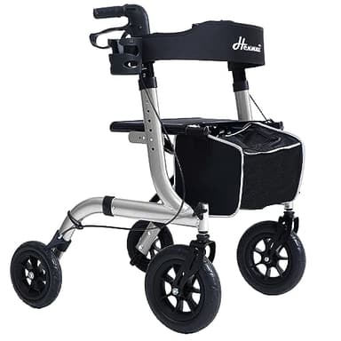 Rollator Faltbar mit Sitzpolster, Einkaufstasche & Stockhalter – Höhenverstellbar, Leicht & Schmal für Senioren – Gehwagen mit Bremse, 10"/8" All-Terrain Räder, Aluminium,Sliber