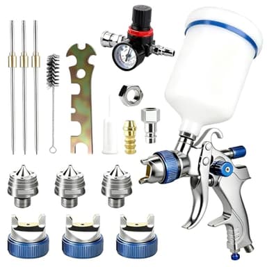 MFUSUL HVLP Lackierpistole Spritzpistole-Kit mit 3 Düsen 1.4/1.7/2mm, Profi Lackierpistole Druckluft mit 600 ml Plastikbecher und Luftdruckregler, Drehbare Düse, Geeignet für Möbel, Autos, Wände