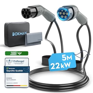 bokman Typ 2 Ladekabel, Modus 3 / 32A / 22 kW / 3-Phasig / 5 Meter, Typ 2 auf Typ 2 EV Ladekabel für Elektroauto mit Tragetasche und Mikrofasertuch