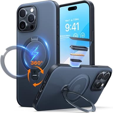TORRAS Ostand Q3 Spin für iPhone 16 Pro Hülle (360° Magnetischer Unsichtbarer Ständer) Zertifizierte Militärschutz, MagSafe Kompatibel, Stoßfest Kratzfeste Matt Rückseite Handyhülle Schwarz