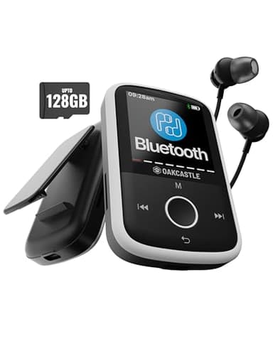 Bluetooth MP3-Player mit Sportclip | Kabelgebundene Kopfhörer inkl. | 16GB Speicher, erweiterbar auf 128GB | HD-Farbbildschirm, 34h Akku | SD & USB-C | Oakcastle MP250 MP3-Player