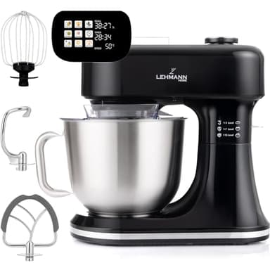 LEHMANN Multifunktions Küchenmaschine mit Display, 12 Geschwindigkeiten, Fermentationsfunktion mit Heizfunktion, integrierte Waage, Timer, Knetmaschine mit 3 Rühreinsätze und 5L Rührschüssel