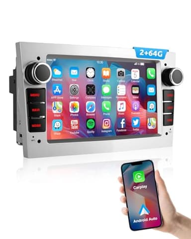 ESSGOO 2+64G Wireless Autoradio Android 14 mit Carplay und Android Auto Für Opel Astra H Corsa C/D Vectra C Zafira 7 Zoll IPS Touchscreen Bluetooth FM RDS GPS Silber Mikrofon