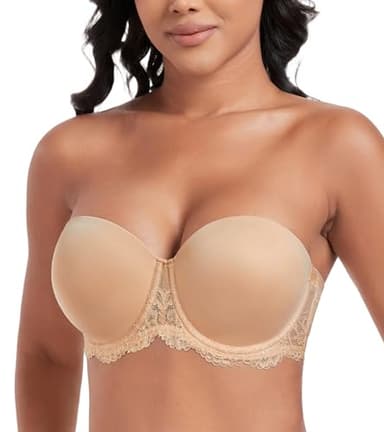 DotVol Damen BH Trägerloser Unterwäsche Rückenfrei Ohne Träger Push Up Büstenhalter mit Geformte Cups(85C,Spitze Beige)
