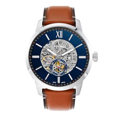 Fossil Townsman uhr für Herren, Automatikuhrwerk mit Edelstahl- oder Lederarmband, Silberton und Braun, 48MM