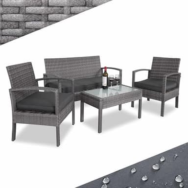 Casaria® Gartenmöbel Set Wetterfest 4 Personen Outdoor inkl. Auflagen Polyrattan 2 Sessel Gartenbank Tisch Garten Terrasse Balkon Möbel Lounge Grau