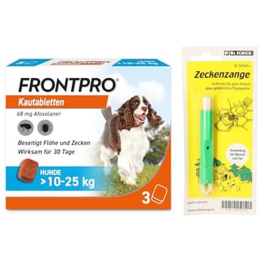 FRONTPRO Kautabletten für Hunde 10-25 kg 3-Monats-Packung zum Schutz gegen Zecken und Flöhe mit Zeckenzange: Schützt bis zu 3 Monate