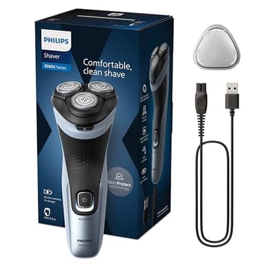 Philips Shaver Series 3000X – Elektrischer Nass- und Trockenrasierer für Männer in Himmelblau, mit SkinProtect-Technologie, ausklappbarem Bartschneider und ergonomischem Griff (Modell X3053/00)