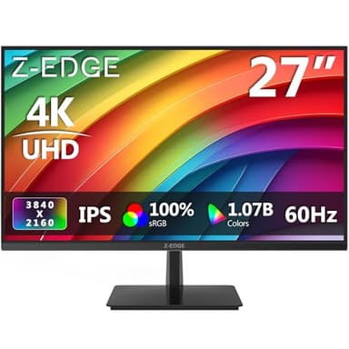 Z-Edge 27 Zoll 4K Monitor UHD 3840x2160 IPS Monitor 60Hz, 100% sRGB, 300cd/m² Helligkeit, FreeSync, HDR10, DisplayPort, HDMI, VESA Kompatibel, Schwarz
