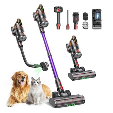 Fieety Akku Staubsauger 600W/50kPa/65Min, Staubsauger Kabellos mit Tierpflegebürste, 1M Schlauch, Wandladestation, 8-Schicht-Filtration Aromatherapie Ultraleise für Tierhaare, Teppich, Hartböden, Auto