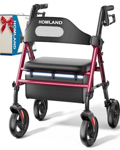 HOMLAND Rollator faltbar und leicht mit Sitz, Rollatoren schmal für Wohnung mit 20 cm All-Terrain-Reifen, Rollatoren für Senioren mit höhenverstellbarem Sitz und Griff, belastbar bis 159 kg, Rot