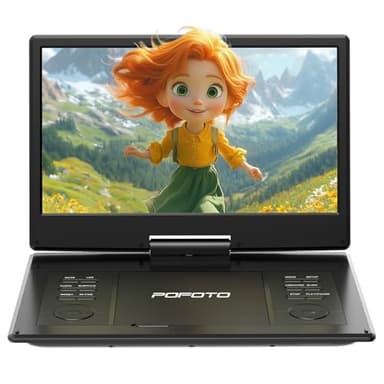 POFOTO 15,7" Tragbarer DVD-Player mit 14,1" HD-Schwenkdisplay, 6h Akkulaufzeit, Zonenfrei, Unterstützt Mehrere Formate/SD/USB, TV/Beamer-Anschluss, Stereo-Lautsprecher, Speicherfunktion, Schwarz