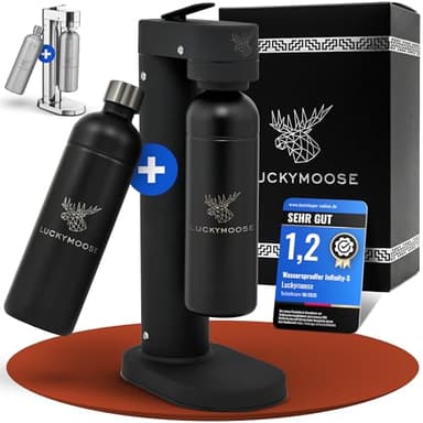 Luckymoose Infinity-S Wassersprudler aus hochwertigem Edelstahl (Black/Black) – inkl. 2x 1,25L Edelstahlflaschen – extra hygienische herausnehmbare Düse – Langlebige CO₂ Sprudelwasser Maschine