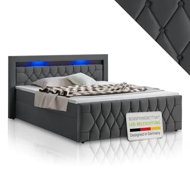 Juskys Boxspringbett Leona 180x200 cm - Bett mit LED Beleuchtung, Topper & H4 Federkern Matratzen - Doppelbett Grau mit Samt und Steppung