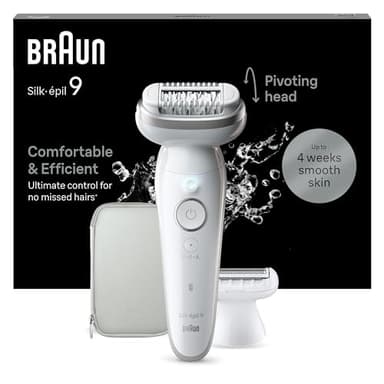 Braun Silk-épil 9, Epilierer Damen / Haarentferner für langanhaltende Haarentfernung, Ladyshaver, Rasieraufsatz , Trimmeraufsatz, 9-041, Weiß/Silber
