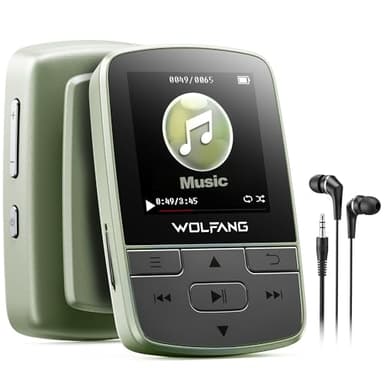 WOLFANG MP3-Player mit Bluetooth 5.2, Sportclip, Mini-Größe, Gewicht 28,3 g, HiF-FM-Radio, Diktiergerät, Kopfhörer im Lieferumfang enthalten,Militärgrün