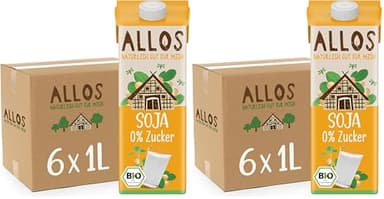 Allos Bio Sojadrink ohne Zucker | Milchalternative aus Soja | Soja Drink | Drink auf Pflanzenbasis | veganer Drink | ohne zugesetzten Zucker | vegan | laktosefrei | 1 Liter (6 Stück) (Packung mit 2)