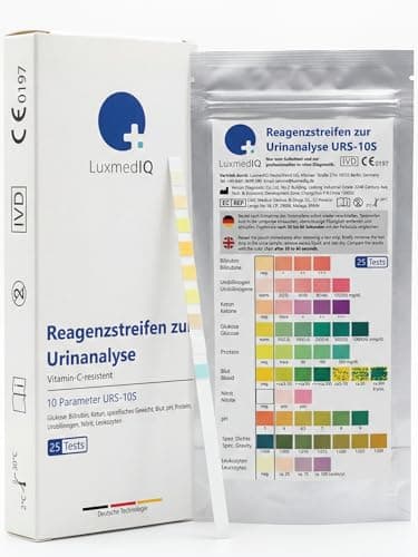 25x LuxmedIQ Urin Teststreifen - 10 Parameter Urinalysis Gesundheitstest - Teste auf Harnwegsinfektionen, Blasenentzündungen. Ketose, Diabetes, Nierenerkrankungen, Lebererkrankungen, Dehydrierung