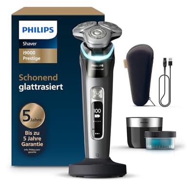 Philips Rasierer i9000 Prestige, Nass- und Trockenrasierer für Herren mit integriertem Trimmer, dunkelgrau, Drucksensor, Reinigungsstation, Ladestation und Reiseetui (Modell XP9202/30)