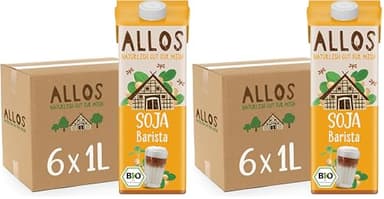 Allos Bio Sojadrink Barista | Milchalternative aus Soja | Soja Drink | Drink auf Pflanzenbasis | veganer Drink | schäumbar | perfekt für Kaffee | laktosefrei | 1 Liter (6 Stück) (Packung mit 2)