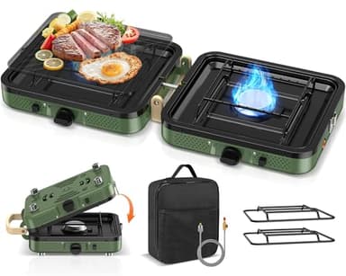 2-Flammig Campingkocher Gas Faltbar, Camping Gaskocher Herd mit Zünder & Tragetasche für Outdoor-Kochen, Campingplatz, Gartenparty, Grillabend, Picknick, Festival-Camping, Vanlife (ohne Grillplatte)