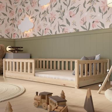 Crazy Pine Kinderbett 140x200 cm – Massives Montessori Bodenbett aus Holz mit Rausfallschutz – Sicheres Kleinkindbett – Skandinavisches Design, Leichte Montage - Crazy Basic