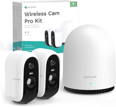 WUUK Überwachungskamera Aussen Akku, Kamera Überwachung Innen, 2K, Ohne ABO, 32 GB Lokalem Speicher, Nachtsicht, 2.4/5GHz WLAN, Kompatibel Mit Alexa & Google, Basisstation + 2-Kamera-Set