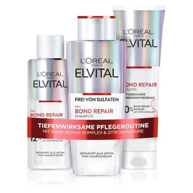 L'Oréal Paris Elvital Bond Repair Pflegeset zur Haarreparatur mit Pre-Shampoo, Shampoo & Spülung, Bundle, Schutz für weniger Haarbruch & mehr Glanz, mit Bond-Repair-Komplex & Zitronensäure, 3-teilig
