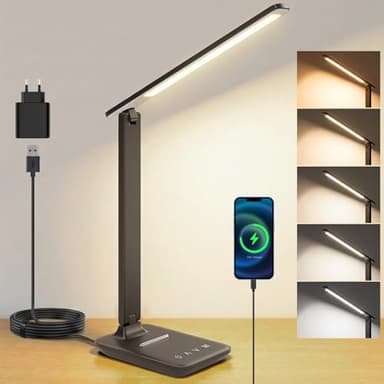 UPXNBOR Schreibtischlampe LED Dimmbar, Tischlampe mit Augenschutz & USB-Ladeanschluss, 5 Farbtemperaturen & 5 Helligkeitsstufen, Touch-Steuerung, faltbar, für Büro, Lesen und Homeoffice