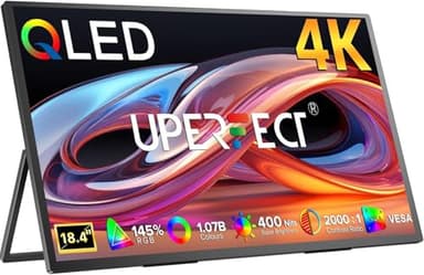 UPERFECT 4K 18 Zoll QLED Portable Monitor mit 3840 x 2160 UHD Display Integrierter Halterung USB C Mini HDMI für PC Laptop Handy XBO Switch PS-4/5, Metallkörper, Tragbarer Bildschirm VESA-montierbar
