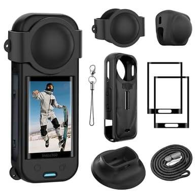 FiTSTILL-Schutzset für Insta 360 X5, Displayschutz aus gehärtetem Glas und Silikonhülle und Silikon-Objektivabdeckung und Silikon-Stützbasis, X5-Zubehör