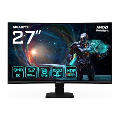 Gigabyte GS27QCA 27" QHD Gebogener Gaming-Monitor – 2560 x 1440, 180Hz, 1ms, 250 cd/m², FreeSync, HDR Ready, HDMI 2.0, DisplayPort 1.4