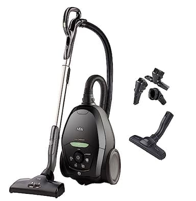 AEG Staubsauger mit Beutel, 75% Recyclingmaterial, Automatische Saugkraftregulierung, Extrem Leise auch auf Teppich, Aufnahme von Großen + Kleinsten Partikeln, Langes Kabel, 600W, Schwarz, VX82-1-ÖKO