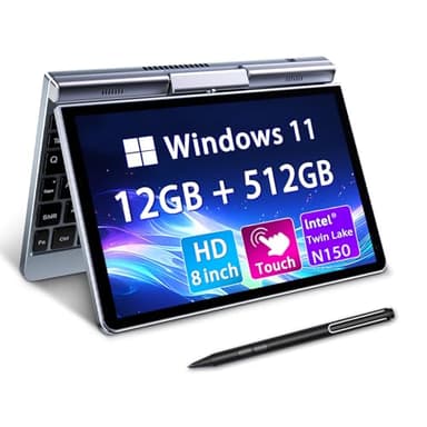 KOOTIGERS Mini Laptop 8" 2-in-1, Win 11, N150 (3,6 GHz), 12 GB RAM 512 GB SSD, Touchscreen HD, beleuchtete Tastatur, Wi-Fi 6, USB-C, Leichter PC für Arbeit/Kinder/Schule