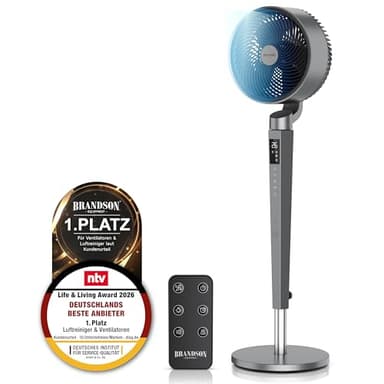 Brandson - 3D Standventilator mit ECO DC Motor – sehr leise – Sieger Live & Living Award 2026-60% Energieeinsparung – Ventilator mit 24 Geschwindigkeiten – horizontale und vertikale Oszillation