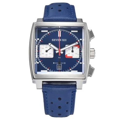 SEVEN XII Quadratische Automatik-Chronograph-Uhr für Herren, selbstaufziehend, Saphirglas, Business, klassisch, leuchtend, Sport-Armbanduhr mit Lederband, S003, Blau, Modern