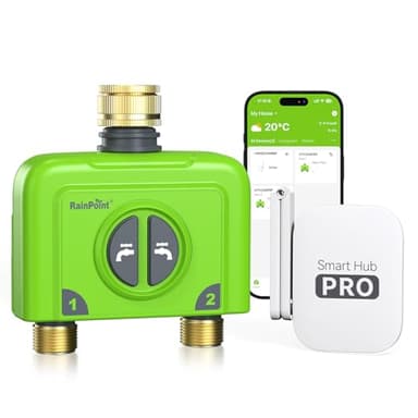 RAINPOINT Bewässerungscomputer WLAN 2 Ausgänge Messing EIN- und Auslass Smart Bewässerungsuhr Garten Auto Bewässerung mit Wetter-/Bodenbasierte, APP/Sprachsteuerung, 2x6 Zeitplänen(Antennen Gateway)
