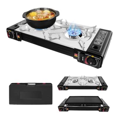 TONFEION Camping Gaskocher 2-Flammig mit Grillplatte & Tragetasche, Outdoor Campingkocher 2100-2500W Gas Stove, Tragbarer Gasherd Camping, Überdruckschutz, für Töpfe bis 34cm