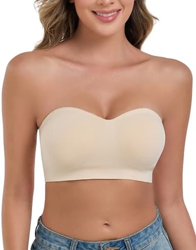 ANGOOL Damen Trägerloser BH ohne Bügel Push Up BH ohne Träger Feste Polster Bandeau Top Damen Seamless mit Transparente und Primärfarbige Träger, Beige, S