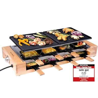 KLAMER Raclette Grill 8 Personen 1500 W mit Holzgestell & Parkdeck, Alu-Druckguss-Grillplatte antihaft, stufenlos regelbar, ILAG Beschichtung, Test „Sehr gut (1,4)“, deutsche Marke Berlin
