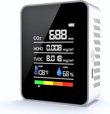 Nimomo CO2 Messgerät, 5 in 1 Luftqualitätsmessgerät Innenbereich co2 Melder Formaldehyd Messgerät Thermometer Hygrometer mit Alarm, Luftqualitätsmonitor TVOC/HCHO/CO2 Monitor Für Zuhause, Büro,Auto