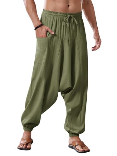 Runcati Herren Baumwolle Haremshosen Baggy Hippie Casual Leinen Yoga Hose Strand Tief Schritt Trouser Armeegrün L