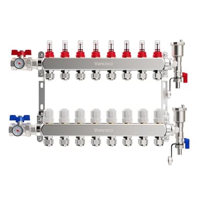 VANCOCO 8 Heizkreise Heizkreisverteiler für Wasserfußbodenheizung, Fußbodenheizung Verteiler mit Eurokonus 16 × 2 mm, 1" Kompaktes Kugelhähne, 5 L/min Durchfluss, Schnellentlüfter Set